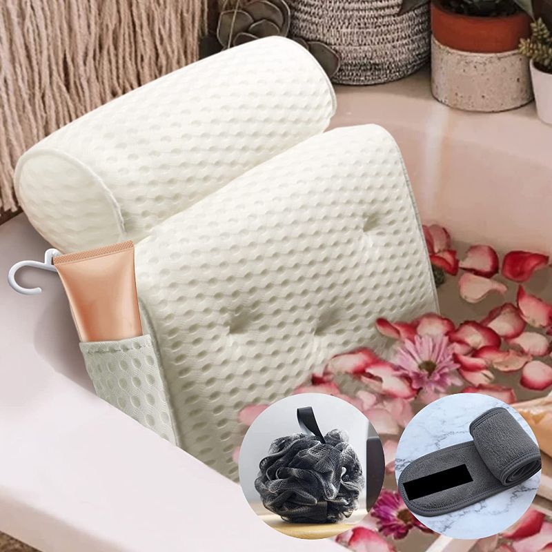 Photo 1 of Bathtub Bath Pillows, Anti-slip Bathtub Spa Pillow with 4D Air Mesh Technology and 7 Non-Slip Suction Cups, Tub Pillow with Neck, fits All Bathtub, Hot Tub and Home Spa, White
