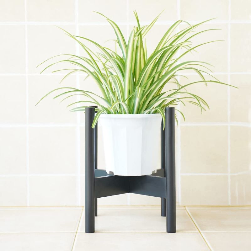 Photo 1 of BITLIFUN Mid-Century Plant Stand, Indoor Wooden Planter Stand (Plant and Pot Not Included), Rustic Stand for Pots up to 10 '', Black - 10 ''
