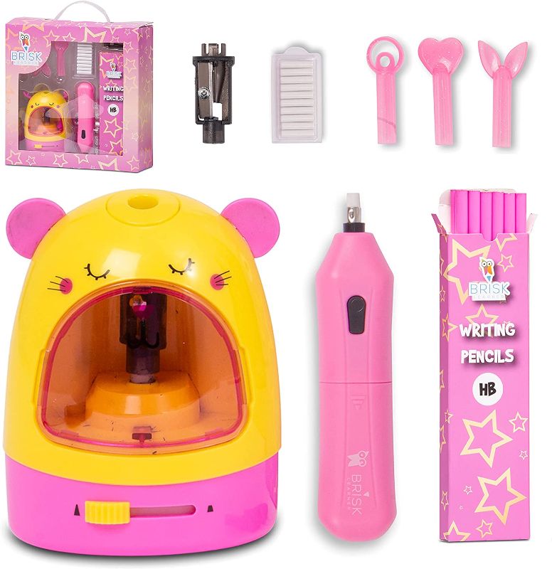 Photo 1 of BriskLearner Electric Pencil Sharpener for Kids - Pencil Sharpener Battery Powered & Battery Operated - Includes Electric Eraser, 12 Pink Pencils, Extra Blade
