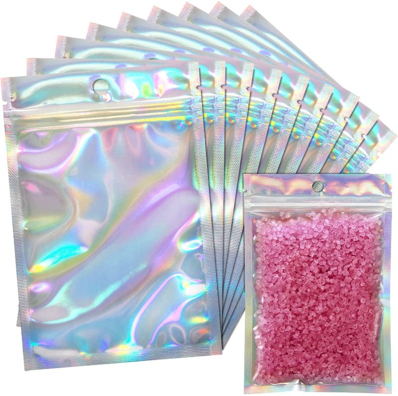 Photo 1 of  100 pack Resealable Mylar Bags, Holographic Color Heat Sealable Ziplock Foil Pouches for Multipurpose Storage (4 X 6 inches)
