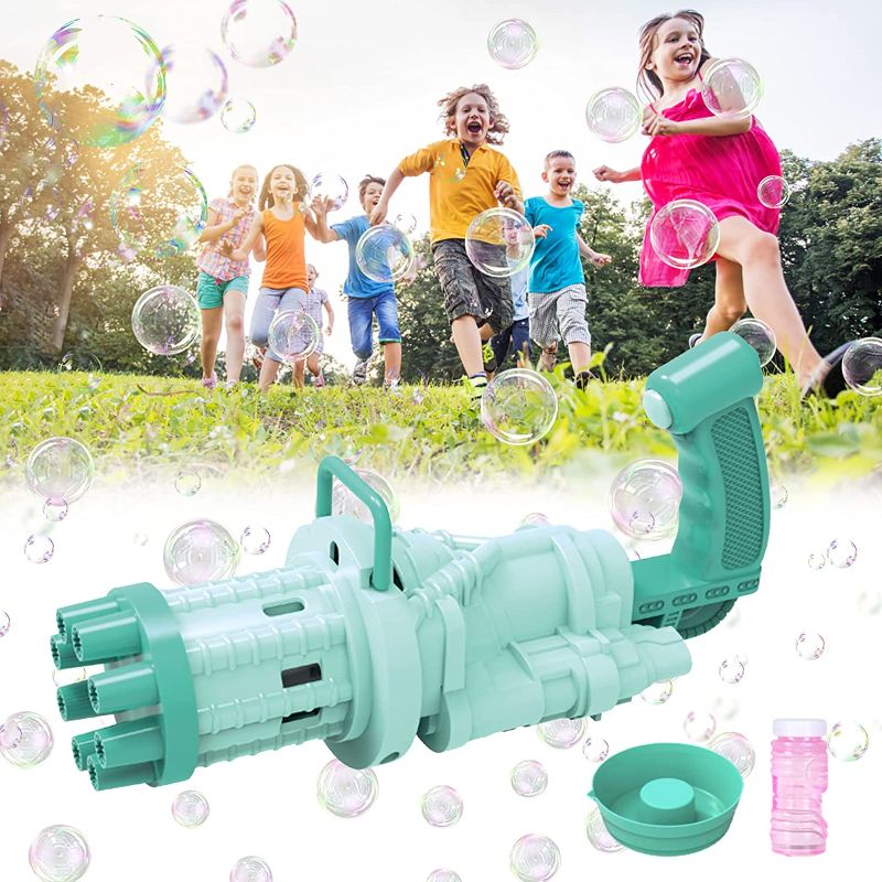 Photo 1 of Ronly Bubble Gun,Gatling Bubble Machine Bubble Gun,8-Hole Automatic Bubble Maker Machine Bubble Gun,2021 New Cool Toys Gift for Kids,Children's Bubble Gun for Summer Outdoor Activities(Green)
