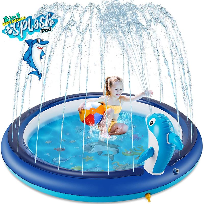 Photo 1 of LITTLELOGIQ Splash Pad, Water Sprinkler for Kids Yard Large Inflatable Pool Play Mat for Toddlers, Baby, Big Kids, Boys, Girls, Adults, Dog, Pet, Backyard, Outside, Dolphin Design