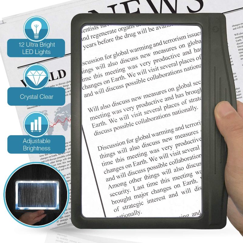 Photo 1 of 3X Large Ultra Bright LED Page Magnifier with 12 Anti-Glare Dimmable LEDs (Provide More Evenly Lit Viewing Area & Relieve Eye Strain)-Ideal for Reading Small Prints & Low Vision
