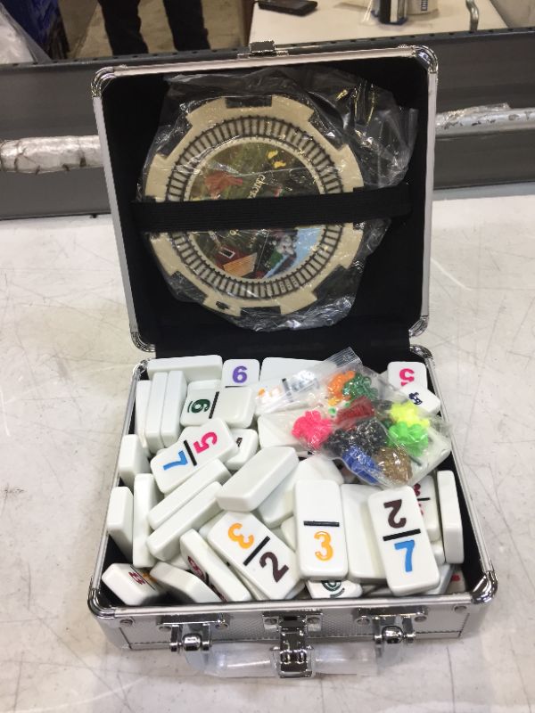 Photo 2 of Double 15 Numeral Pro Size Mexican Train & Chicken Domino Set in Aluminum Case
