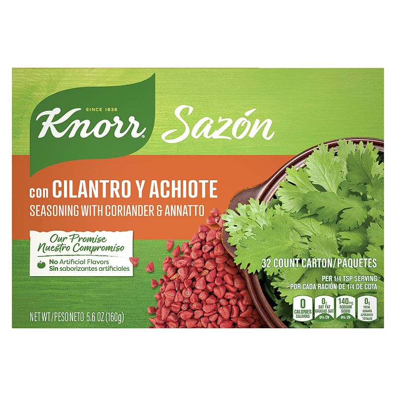 Photo 1 of 2 CASES Knorr Sazón Flavorful Seasoning for Sauce, Meat, Poultry, Fish, Seafood, Stews, Rice, Beans, and Other Dishes Cilantro and Achiote No Artificial Flavors 5.6 oz, 32 Count   64 TOTAL  BEST BY  10 AUG 2022
