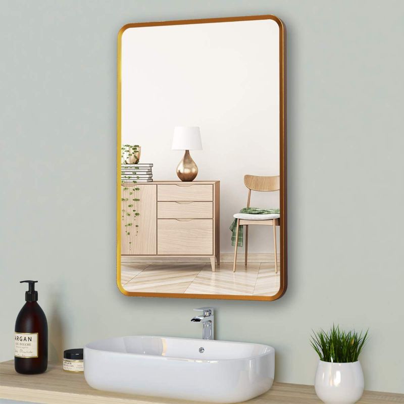 Photo 1 of Deby Wall Mounted Mirror , Rectangle Mirror with Brushed Metal Frame,24x36 inch Copper Mirror, Contemporary Mirror for Bathrooms Bedroom Dining Room ,Hanging Vertical or Horizontal,Home Decor
