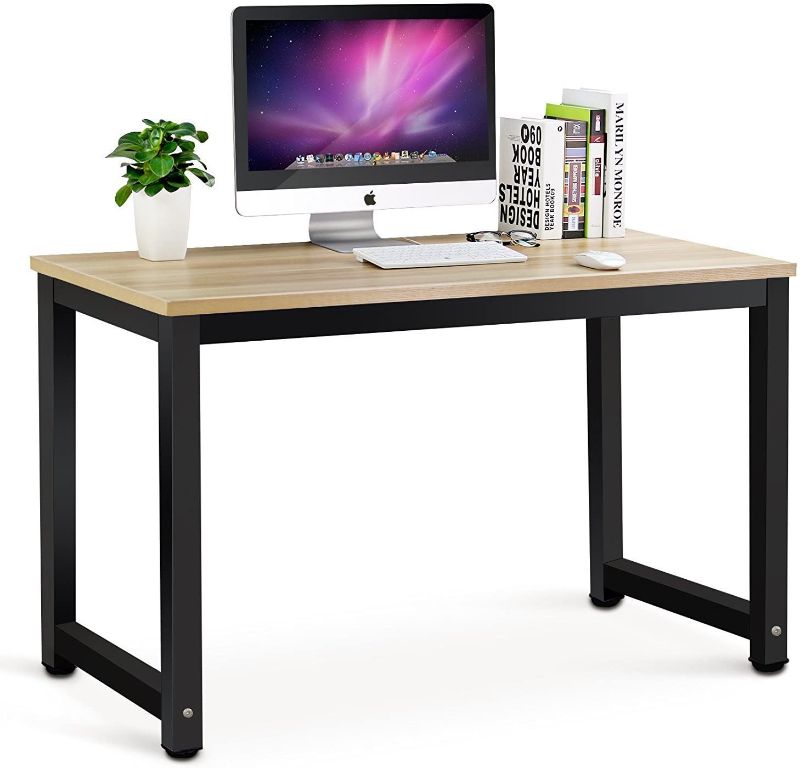 Photo 1 of Tribesigns Computer Desk, 55 inch Large Office Desk Computer Table Study Writing Desk for Home Office, Walnut + Black Leg
