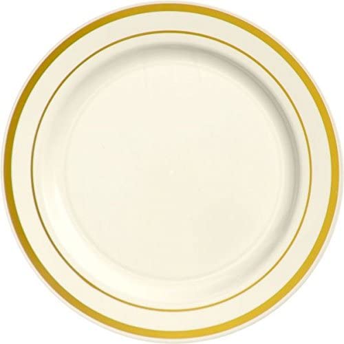 Photo 1 of 2 PACKS  Amscan Party Tableware, Premium Plastic Round Plates with Gold Trim, Party Supplies, Cream, 10 1/4", 10ct  20 TOTAL
