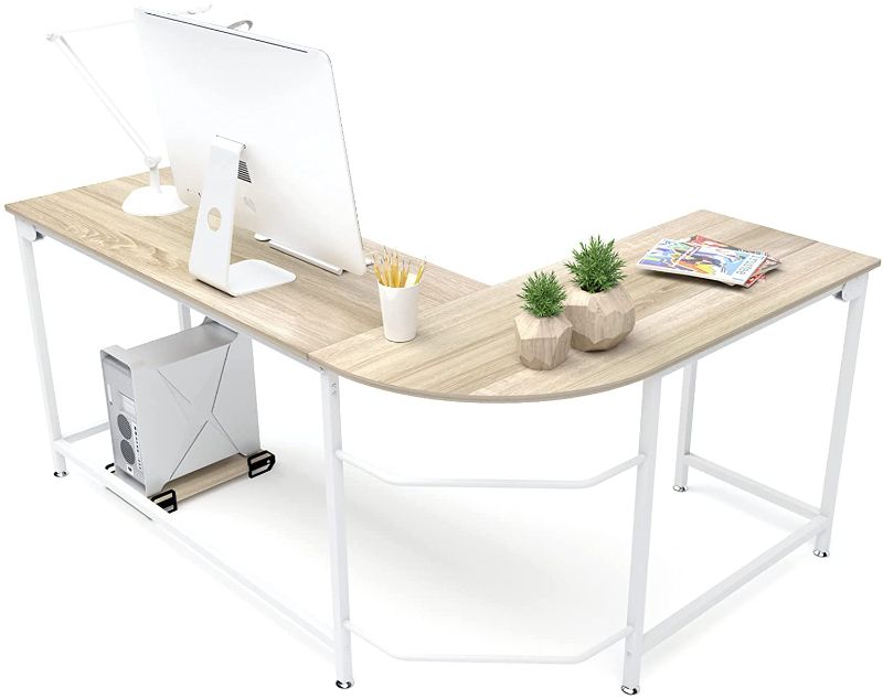 Photo 1 of Teraves Modern L-Shaped Desk Corner Computer Desk Home Office Study Workstation Wood & Steel PC Laptop Gaming Table BEIGE WOOD WHITE FRAME 66in
