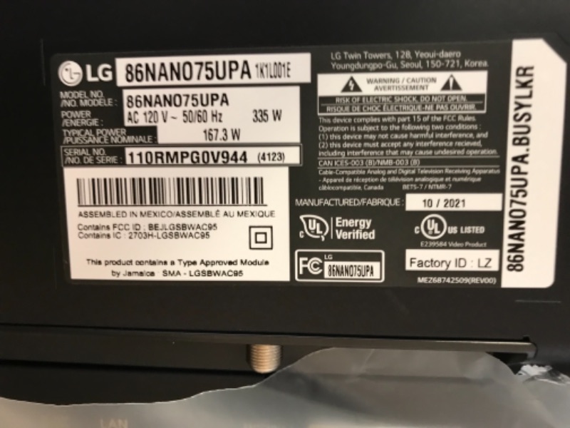 Photo 3 of LG NanoCell 75 Series 86” Alexa Built-in 4k Smart TV (3840 x 2160), 120Hz Refresh Rate, AI-Powered 4K Ultra HD, Active HDR, HDR10, HLG, Dolby Vision IQ, Dolby Atmos (86NANO75UPA)
