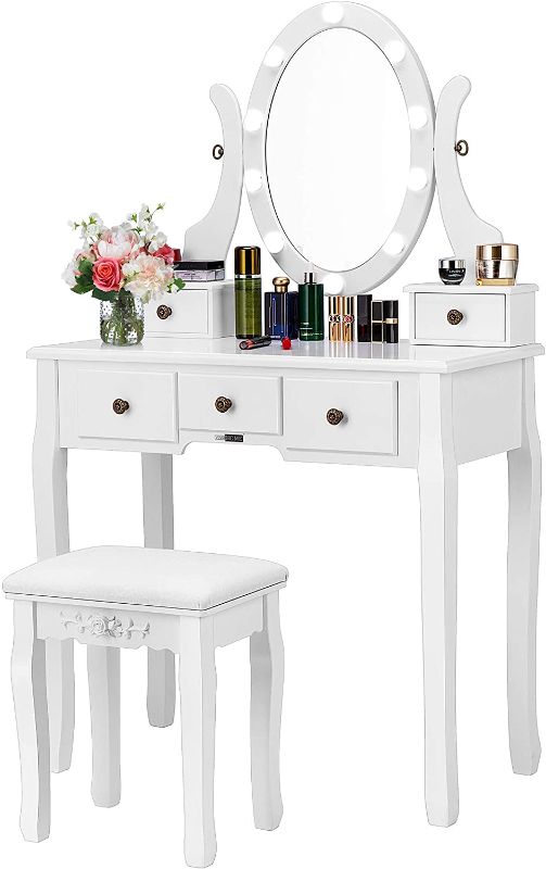 Photo 1 of VIVOHOME Makeup Vanity Set with 10 Dimmable LED Bulbs, Dressing Table with 360° Rotating Lighted Mirror and Cushioned Stool, White
