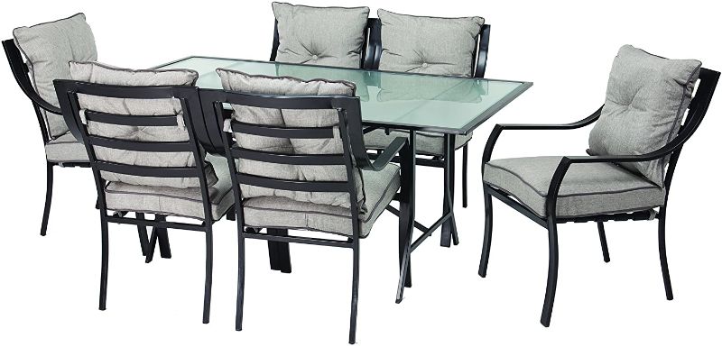 Photo 1 of Hanover Lavallette 7-Piece Steel Outdoor Patio Dining Set with Silver Lining Cushions, 6 Dining Chairs and Tempered Glass Rectangular Dining Table, LAVALLETTE7PC (CHAIRS ONLY--NO TABLE)
