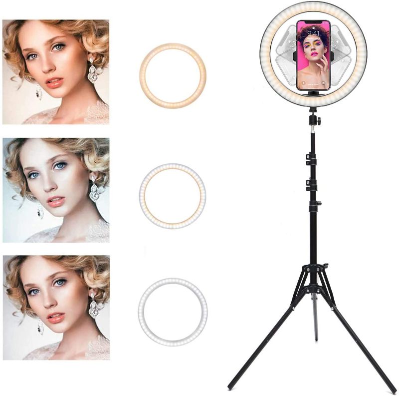 Photo 1 of Ring Light with Stand OEBLD Selfie Light Ring with iPhone Tripod and Phone Holder for Video Photography Makeup Live Streaming YouTube Lighting (C(10.2''Ring Light & 63''Tripod))
