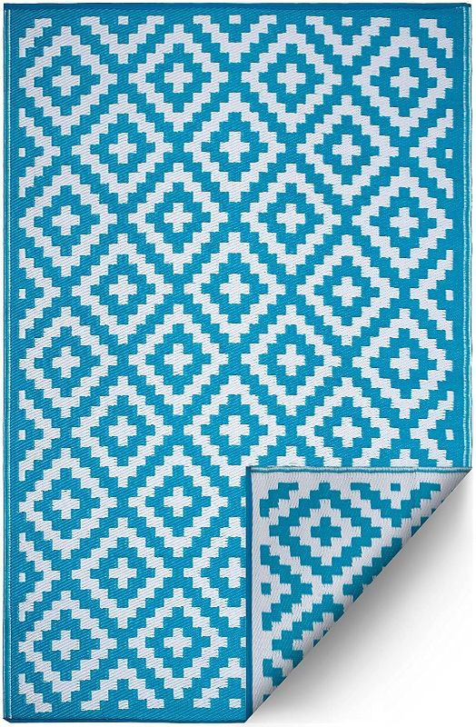 Photo 1 of FH Home Outdoor Rug for Patio - Quick Drying, Fade Resistant, Reversible - Premium Recycled Plastic - Aztec - Teal/White - 4 x 6 ft
