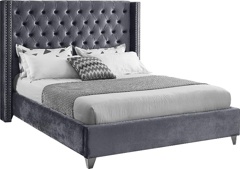 Photo 1 of  BOX 2 ONLY  FOOTBOARD AND SIDE RAILS ONLY Meridian Furniture Aiden Collection Modern | Contemporary Velvet Upholstered Bed with Deep Button Tufting, Solid Wood Frame, and Custom Chrome Legs, King, Grey MISSING BOX 1 HEADBOARD AND SLATS