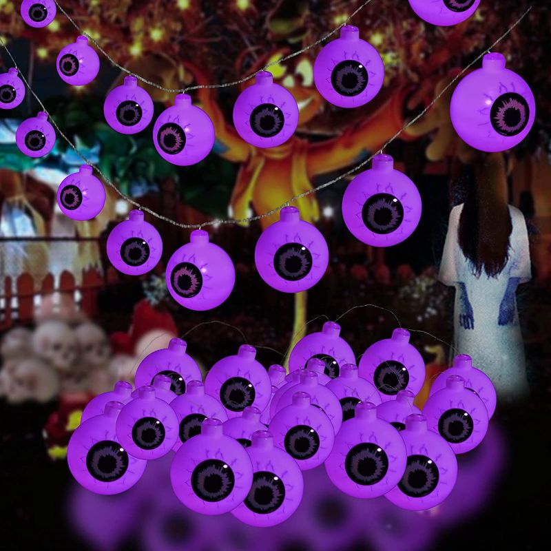 Photo 1 of Halloween Eyeball String Lights, Halloween Decoration Scary with 30 LED Eyeballs?Waterproof 8 Modes Twinkle Lights?Halloween Indoor/Outdoor for Party, House, Yard, Garden Decorations (Purple)