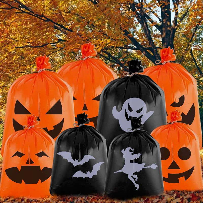 Photo 1 of 3 Pack Halloween Leaf Bags - 8 PCS Halloween Decorations Lawn Bags Large and Small (36''48'' & 24''30''), Pumpkin Leaf Bags Big with 8 Funny Designs and 10 Ties (Pumpkin+Ghost+Bat+Witch), Halloween Party Favors Thanksgiving Fall Trash Bags for Yard Lawn G