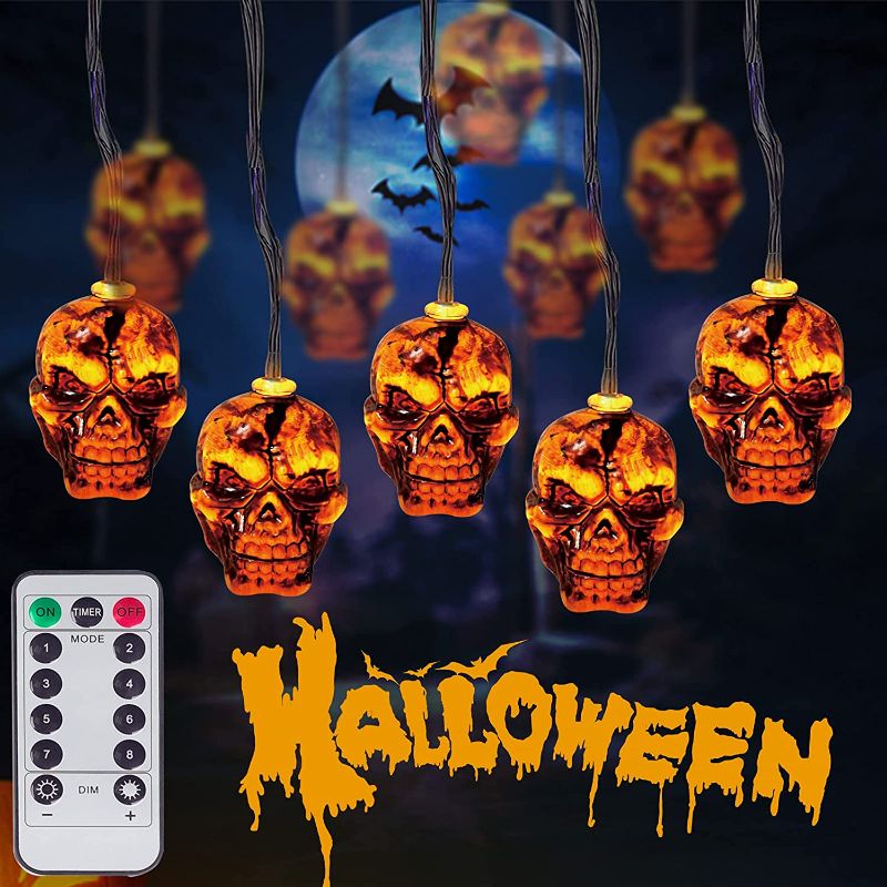 Photo 1 of Halloween Lights , Halloween Skull Light String Decoration, Battery Operated Lights String Wireless Remote Control 30 LED Lights Dust-Proof and Waterproof Design, Halloween Party Decoration. Orange