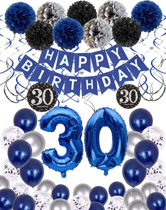 Photo 1 of 5 Pack of Blue and Silver 30th Birthday Decorations for Him Men, Happy Birthday Balloons Banner Letters Party Decorations for Men, Balloons for Birthday Party, Ballons for Birthdays