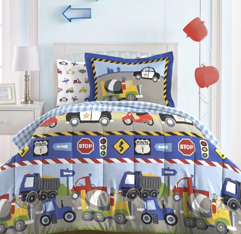 Photo 1 of Dream Factory Trucks Tractors Cars Boys 5-Piece Bedding Comforter Sheet Set, Twin, Blue Red Multi