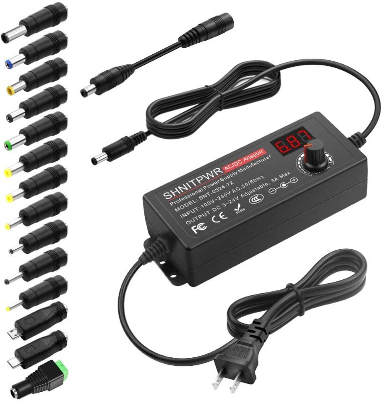 Photo 1 of SHNITPWR 3V ~ 24V 3A 72W Power Supply Adjustable DC 3V 5V 6V 9V 12V 15V 16V 18V 19V 20V 24V Variable Universal AC/DC Adapter 100V-240V AC to DC Converter with 14 Tips 5.5x2.5mm 4.0x1.7mm 3.5x1.35mm
