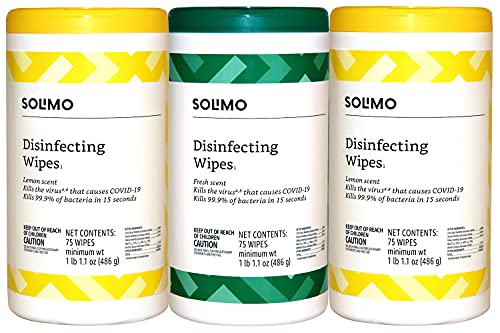 Photo 1 of  - Solimo Disinfecting Wipes, Lemon Scent & Fresh Scent, Sanitizes/Cleans/Disinfects/Deodorizes, 75 Count (Pack of 3