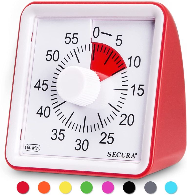 Photo 1 of Secura 60-Minute Visual Timer, Classroom Countdown Clock, Silent Timer for Kids and Adults, Time Management Tool for Teaching (Red)
