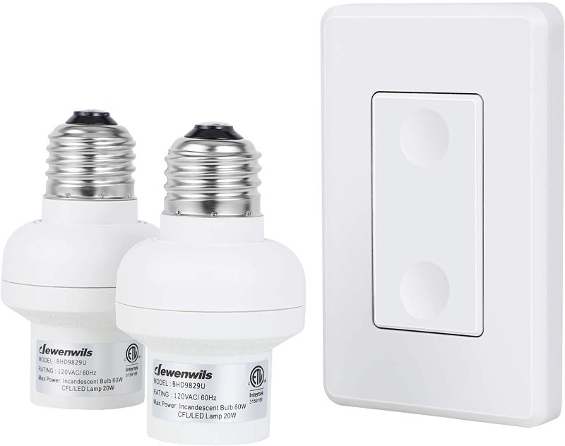 Photo 1 of Remote Control Light Socket, 1 Wall Mounted Switch and 2 Bulb Base, No Wiring Required, Wireless Light Switch and Receiver Set, Expandable, ETL Listed, White