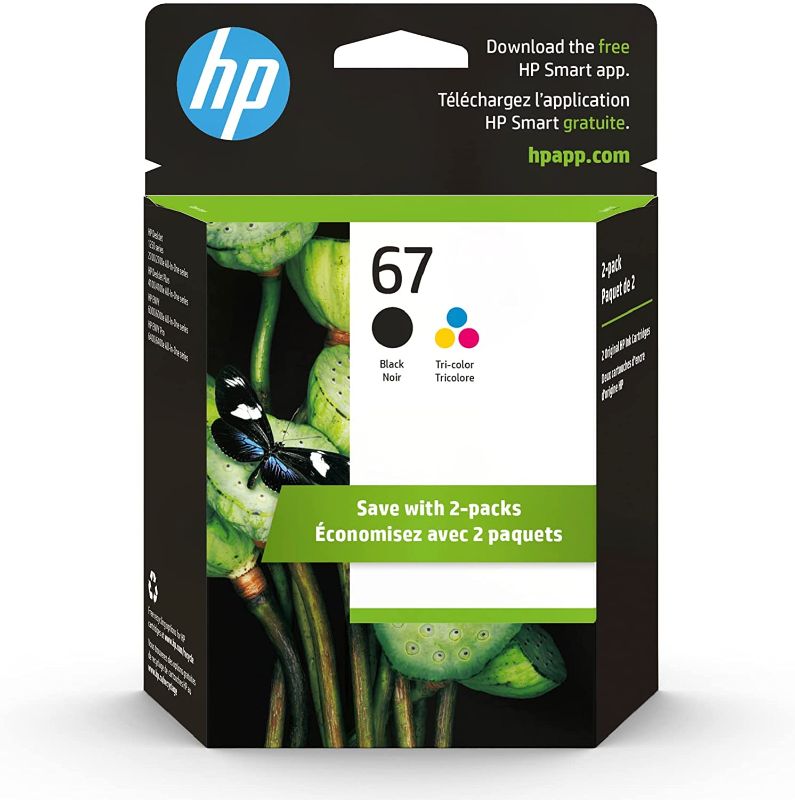 Photo 1 of Original HP 67 Black/Tri-color Ink Cartridges (2-pack) | Works with HP DeskJet 1255, 2700, 4100 Series, HP ENVY 6000, 6400 Series | Eligible for Instant Ink | 3YP29AN
