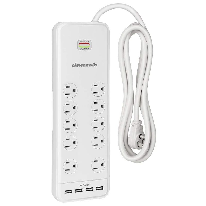 Photo 1 of DEWENWILS 10-Outlet Surge Protector Power Strip with 4 USB Ports, 6 FT Long Extension Cord, Right Angle Flat Plug, 2480J Surge Rating 15A Circuit Breaker, Wall Mountable, White, UL Listed
