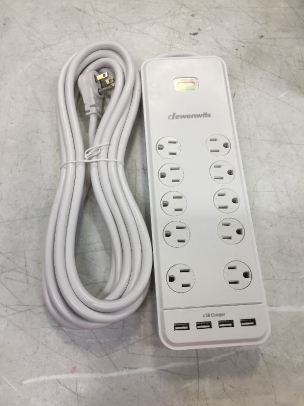 Photo 2 of DEWENWILS 10-Outlet Surge Protector Power Strip with 4 USB Ports, 6 FT Long Extension Cord, Right Angle Flat Plug, 2480J Surge Rating 15A Circuit Breaker, Wall Mountable, White, UL Listed
