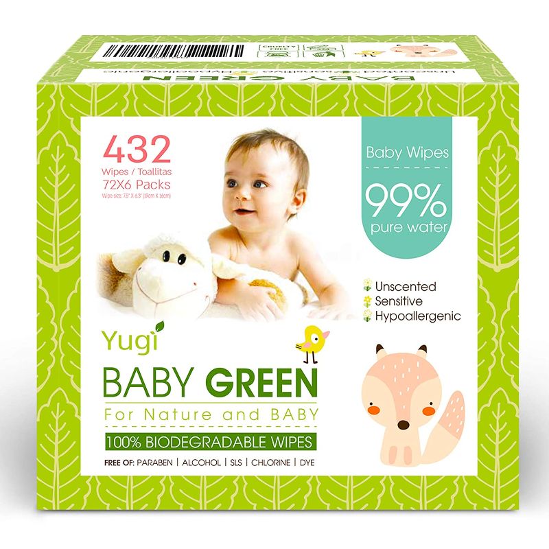 Photo 1 of Baby Green Biodegradable Baby Wipes Unscented – (6 Packs of 72) 432 – compostable 99% Pure Water Plastic FREE Moist Newborn Diaper Wipes Fragrance Free, Wet Wipes for Babies & Adults Sensitive Skin
