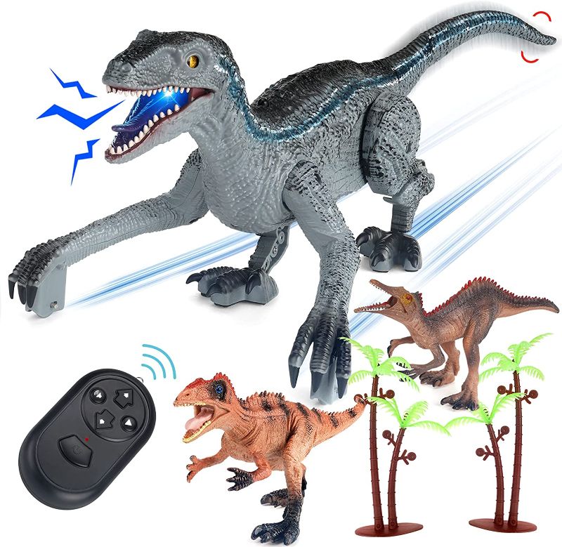 Photo 1 of FINGUARD Remote Control Dinosaur, Electronic Realistic Walking Remote Dinosaur, RC Velociraptor Pets Robot Dinosaur Toys for Kids 3-5 with Lights and Roaring Sounds, Toy Gift for 3 4 5 6 7+ Boys Girls - NOT ABLE TO TEST 
