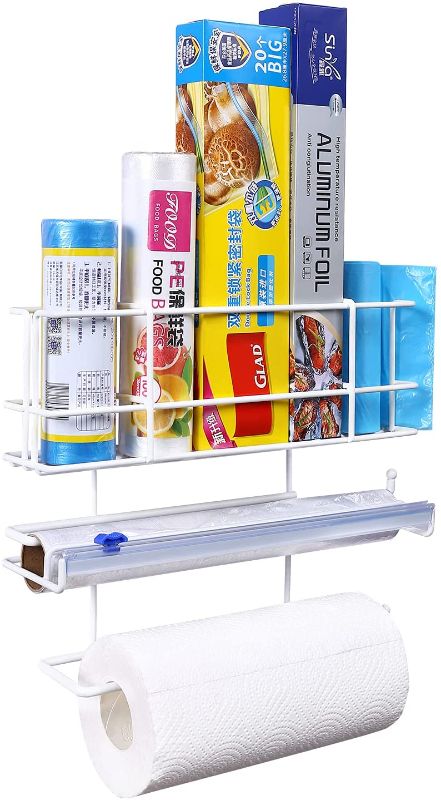 Photo 1 of 3-in-1 Wall Door Refrigerator Mount Storage Shelf, Kitchen Aluminum Foil Plastic Wrap Organizer Rack with Cutter and Paper Towel Holder, Mounts Securely on Wall or Fridge Surfaces, White
