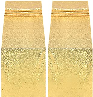 Photo 1 of HELAKU Gold Sequin Table Runners - 2 Packs 12x80Inch Glitter Gold Table Runner Rectangle for Birthday Wedding Baby Shower Party
