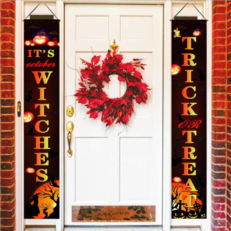 Photo 1 of 2Pcs Halloween Trick or Treat Banner Set Porch Decor Porch Sign Decorative Hanging Sign for Home Office Indoor Outdoor Welcome Halloween Decorations Walls -Orange
