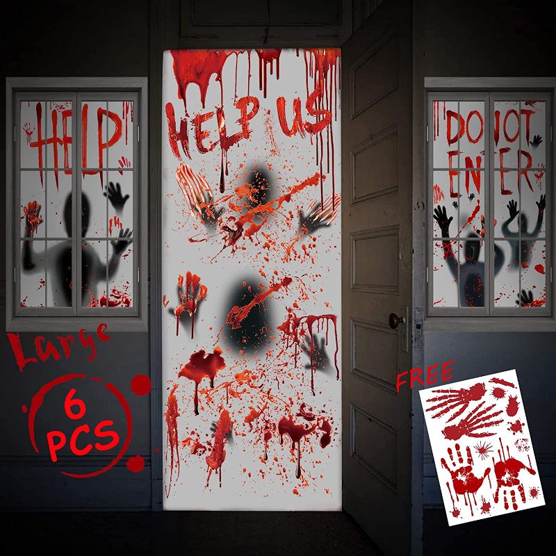 Photo 1 of 
OEAGO 6 Pcs Large Halloween Decorations Decor Window Door Covers Set-4Pcs 61x30” Window Clings and 2Pcs 78.7x35.4” Door Posters with Bloody Handprints Scary