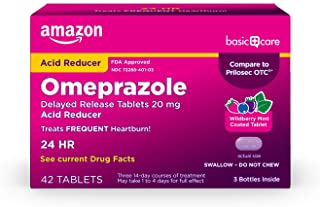 Photo 1 of Amazon Basic Care Omeprazole Delayed Release Tablets 20 mg, Acid Reducer, Wildberry Mint Coated Tablet, 42 Count
42 Count (Pack of 1)