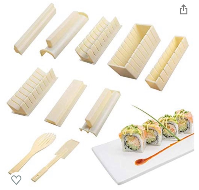 Photo 1 of 10 Pieces Sushi Making Kit for Beginners, Plastic Sushi Maker Tool Kit, Sushi Mold Complete with 8 Sushi Rice Roll Mold Shapes and 2 Fork Spatula DIY Home Sushi Tool for Maki Rolls Sushi Rolls (Beige)