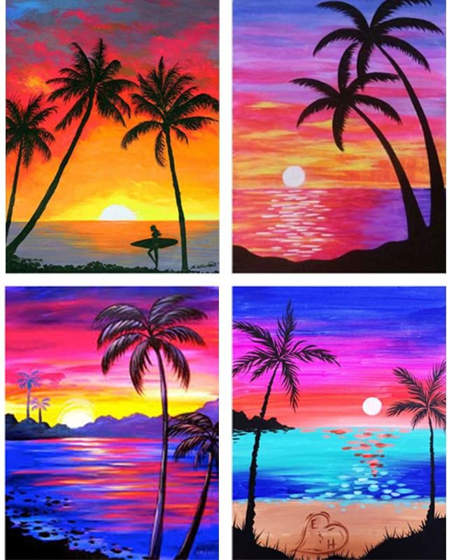 Photo 1 of 4 Pack 5D DIY Diamond Painting Kits Round Drill Rhinestone Embroidery Art Cross Stitch Paint for Wall Decor Coconut Tree11.8x15.7in by Bemaystar