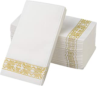 Photo 1 of 50 Disposable Guest Towels Soft and Absorbent Linen-Feel Paper Hand Towels Durable Decorative Bathroom Hand Napkins for Kitchen,Parties,Weddings,Dinners or Events,White and Gold