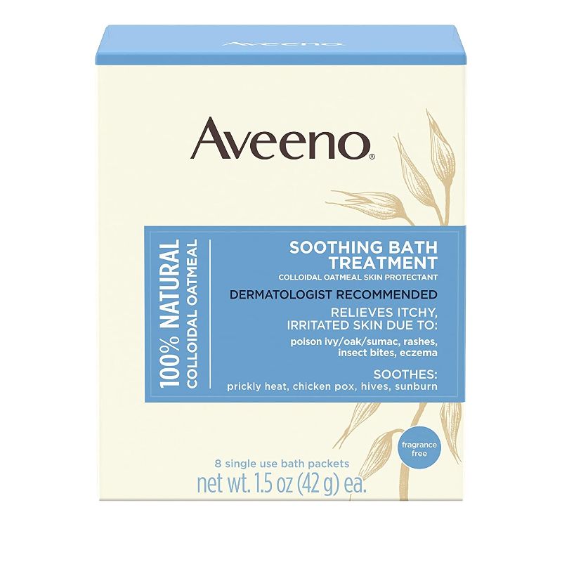 Photo 1 of Aveeno Soothing Bath Treatment with 100% Natural Colloidal Oatmeal for Treatment & Relief of Dry, Itchy, Irritated Skin Due to Poison Ivy, Eczema, Sunburn, Rash, Insect Bites & Hives, 8 ct.

