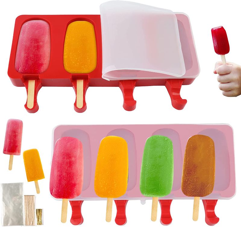 Photo 1 of 2 Pack Cakesicle Molds Silicone 4 Cavities Large Popsicle Mold Homemade Ice Cream Mold for DIY Ice Cream(Red)
