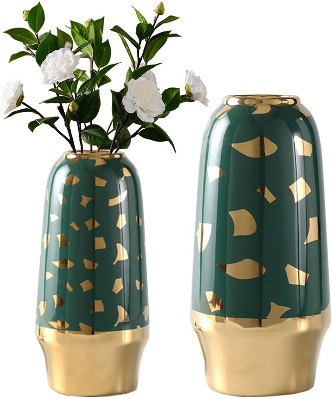 Photo 1 of Anguipie Ceramic Vase Set of 2, Modern Flower Vase, Unique Design Green and Gold Vases, Decorative Vase for Home Decor, Centerpieces, Living Room, Fireplace Decor, Wedding
