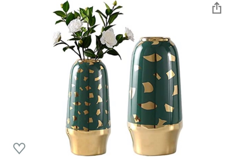 Photo 1 of Anguipie Ceramic Vase Set of 2, Modern Flower Vase, Unique Design Green and Gold Vases, Decorative Vase for Home Decor, Centerpieces, Living Room, Fireplace Decor, Wedding