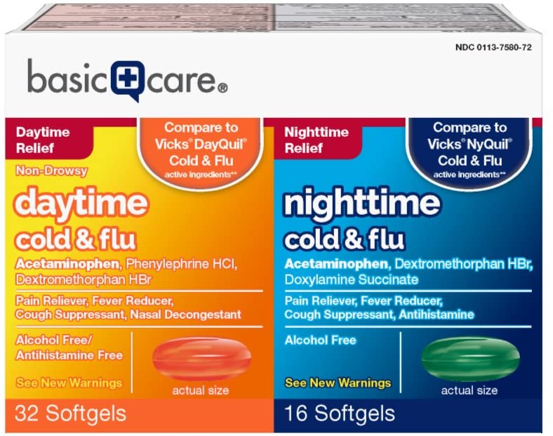 Photo 1 of Amazon Basic Care Cold & Flu Relief Multi-Symptom Daytime/Nighttime Combo Pack Softgels; Cold Medicine, 48 Count
