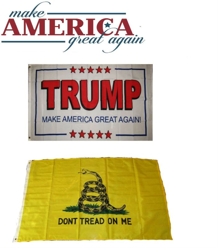 Photo 1 of AES 3'x5' Donald Trump White #2 & Gadsden (Yellow Snake) Wholesale Flag Set