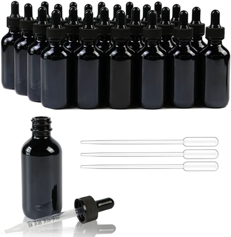 Photo 1 of 2 oz (60 ml) Black Glass Dropper Bottles,24 Pcs Refillable Black Bottle with Glass Dropper for Essential Oils, Tinctures, Scents, Medicine and 100% UV Protection
