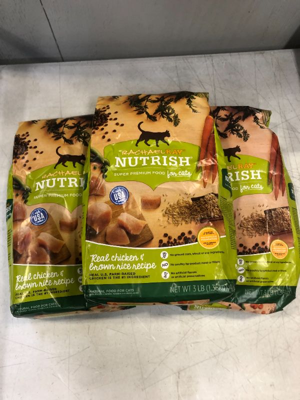 Photo 2 of 3 pack of 3lb Rachael Ray Nutrish Natural Dry Cat Food, Chicken & Brown Rice Recipe (9lbs Total) exp 01.08.2022
