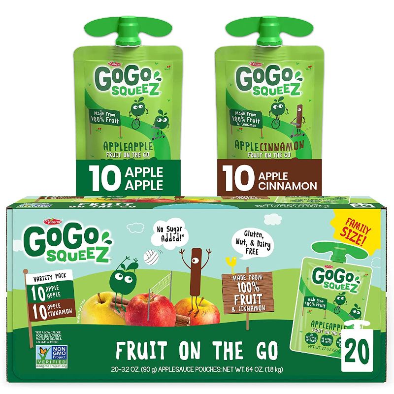 Photo 1 of 2 pack - GoGo squeeZ Fruit on the Go Variety Pack, Apple Apple & Apple Cinnamon, 3.2 oz. (20 Pouches) - Tasty Kids Applesauce Snacks - Gluten Free Snacks for Kids - Nut & Dairy Free - Vegan Snacks exp 11.30.2021